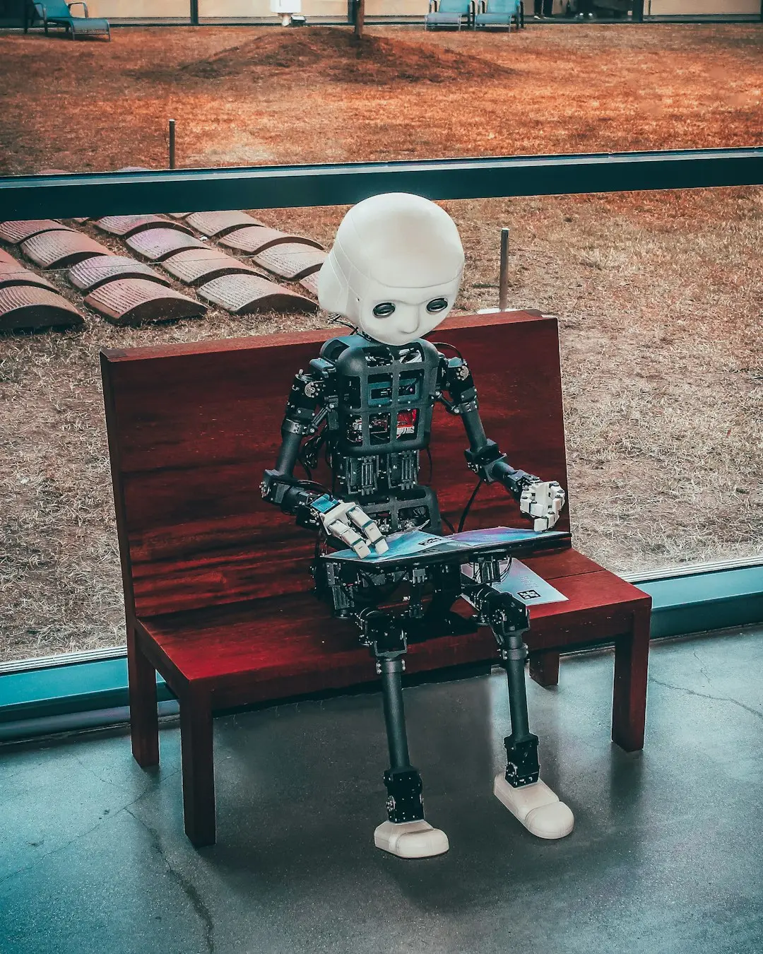 Humanoidroboter sitzt auf roter Bank mit Tablet, symbolisiert digitale Automatisierung und KI-gestützte Marketing-Workflows